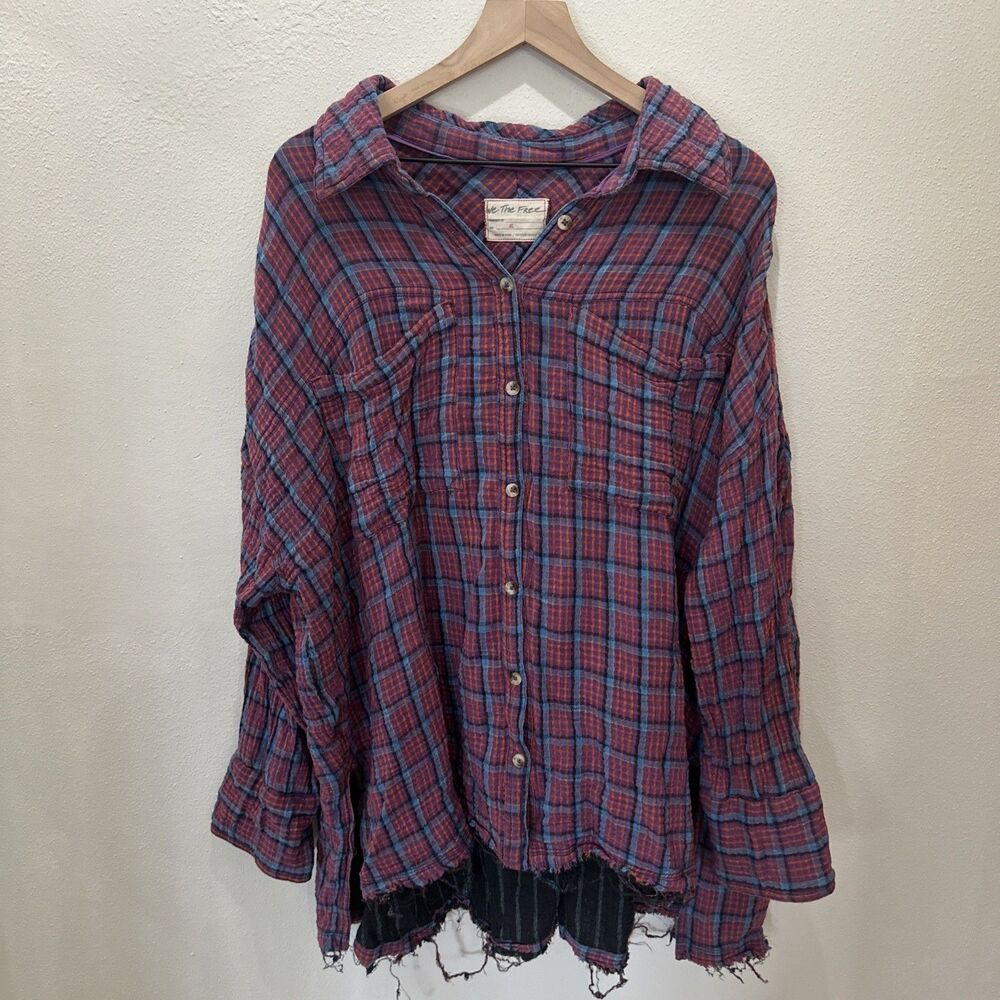 Free People Oversized Bohemian Grunge Cardiff Plaid Swing Top Shirt XL